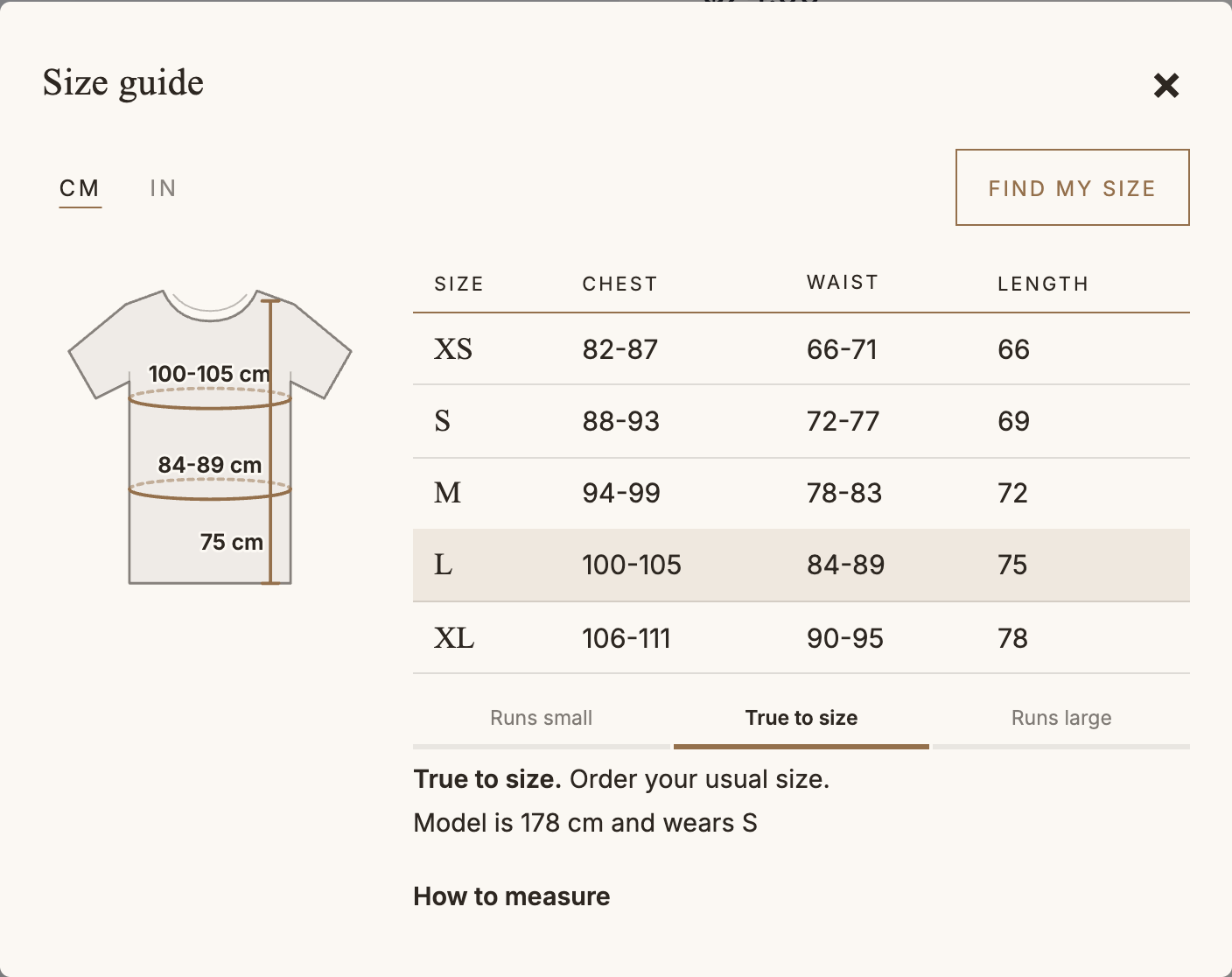 The size guide in the Boutique look