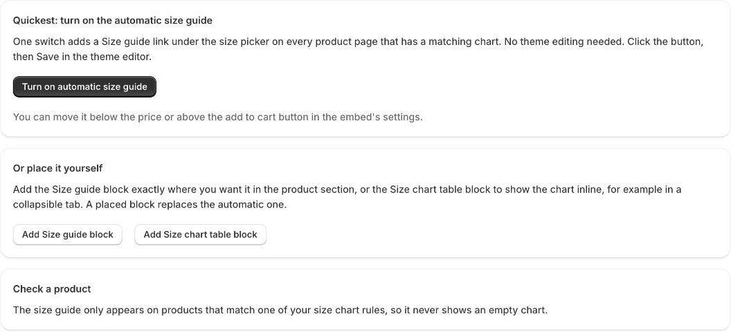 The Sizefolk setup page with the one-click automatic size guide option