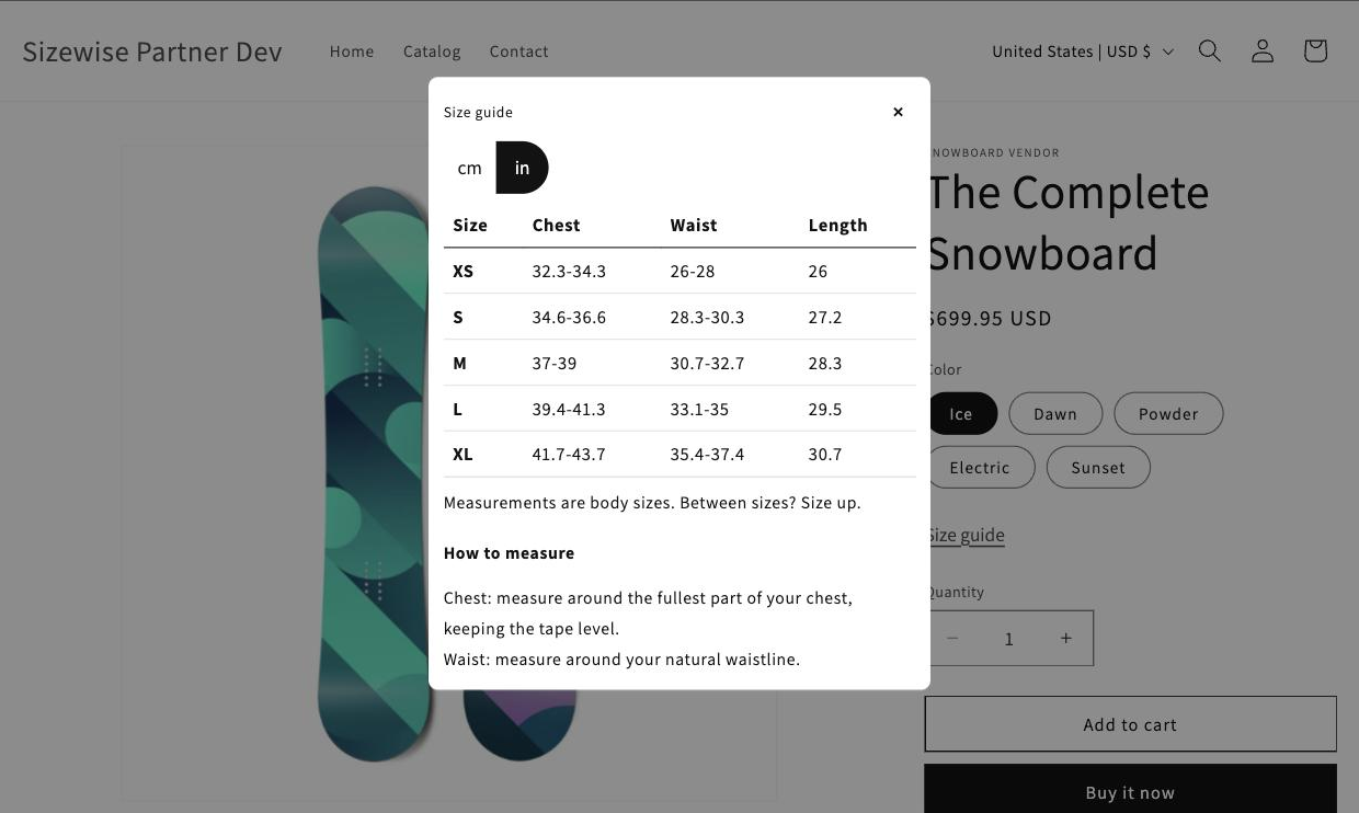 The Sizefolk size guide popup showing chest, waist and length measurements in inches