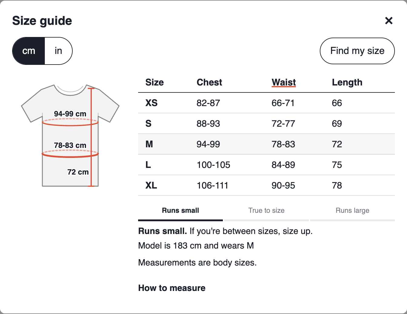 A T-shirt drawing with size M's chest, waist and length measurements marked on the garment